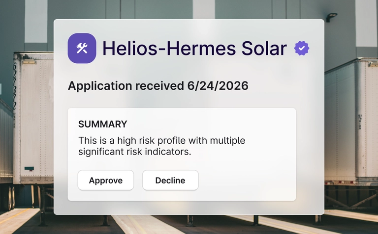 Application review screen for Helios-Hermes Solar showing high risk profile with approve or decline options.